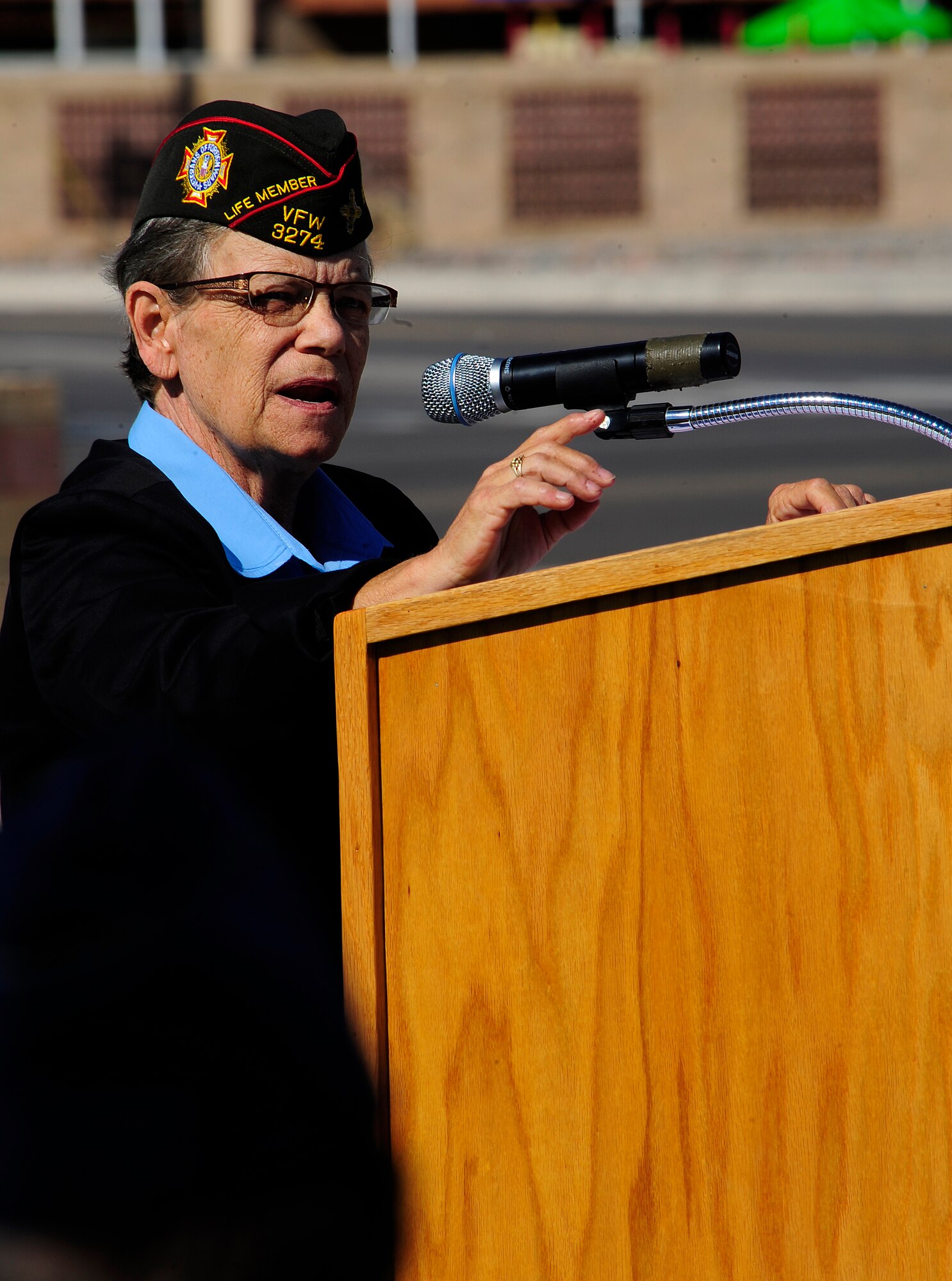 HOLLOMAN AIR FORCE BASE, N.M. -- Cathy Brock, commander of the Department of New Mexico Veterans of Foreign Affair, gives an account of two soldiers who were either a prisoners of war or went missing in action during the Korean War during a POW/MIA Remembrance Ceremony Sept. 30, 2010. Ms. Brock spoke about U.S. Army Corporal Hiroshi Miyamura, 3rd Infantry Division, who was a POW for over two years in a Chinese camp and U.S. Army Private First Class Rudy Santacruz, 7th Infantry Division, who is one of 28 New Mexicans still listed as MIA. (U.S. Air Force photo by Senior Airman Tiffany Trojca / Released)