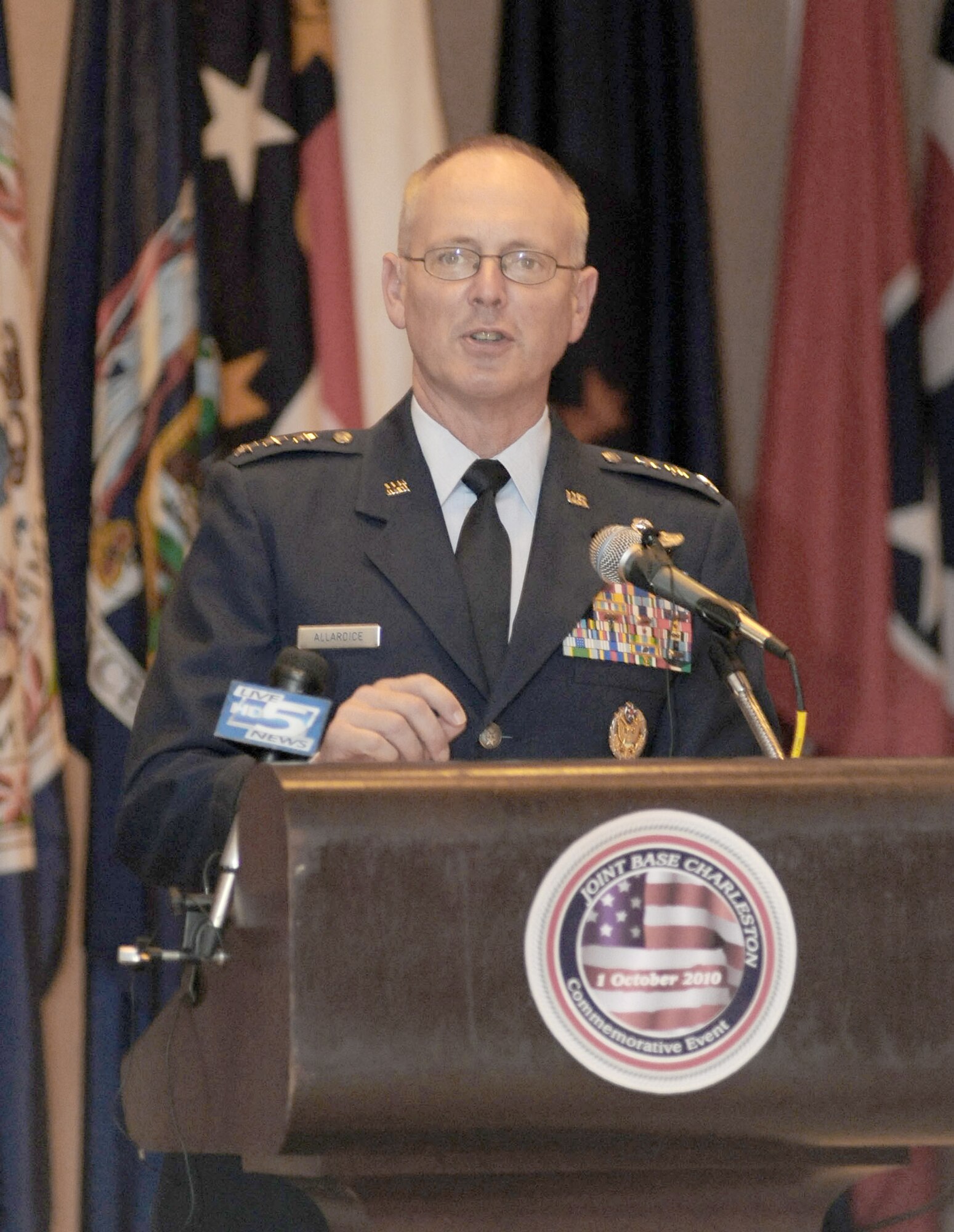 Lt. Gen. Robert Allardice gives his opening remarks Oct. 1, 2010, at the Joint Base Charleston inaugural ceremony on the Joint Base Charleston-Weapons Station in South Carolina. (U.S. Air Force Photo/Airman 1st Class Lauren Main)