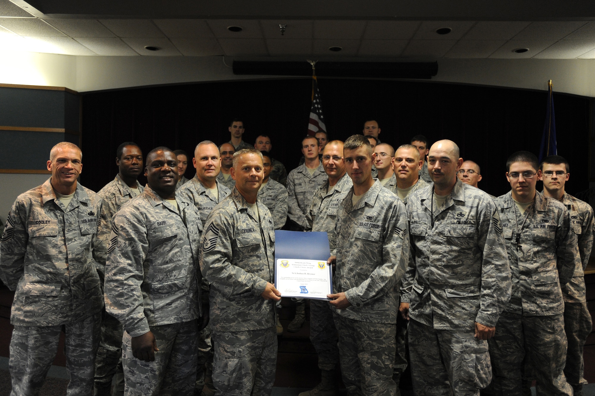 Air Force Global Strike Command Senior Airman Joshua Brymer, 509th Maintenance Squadron aerospace ground equipment team two journeyman, was awarded the Chief's Choice Award by the 509th Bomb Wing Chief's Council, Sept. 29, for his duty performance.(U.S. Air Force photo by Senior Airman Kenny Holston)
