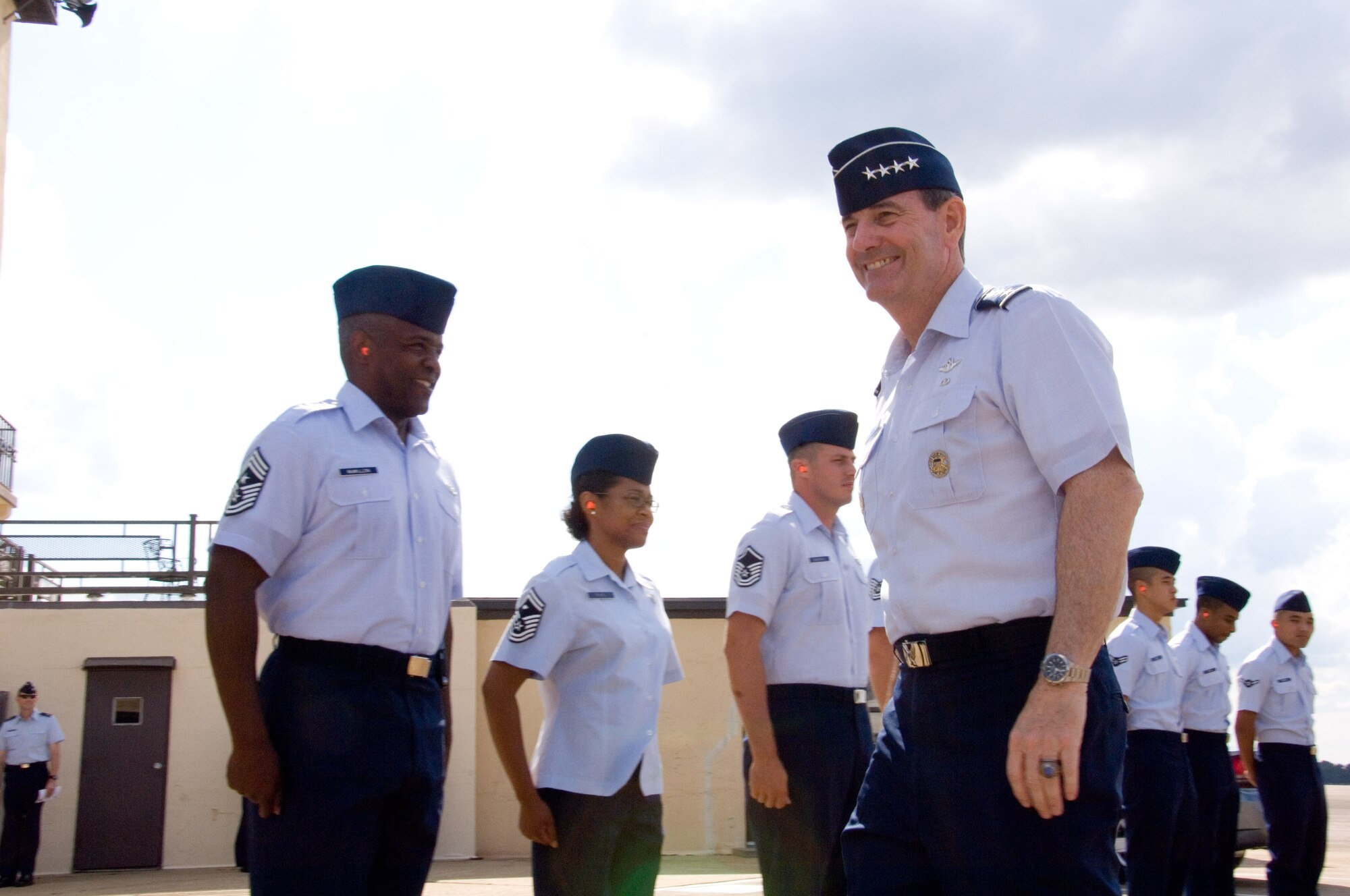 Gen. Stephen Lorenz departed from Maxwell Base Operations Sept. 27 after one of his final visits to Air University as AETC commander. Gen. Lorenz was at Air University to speak to a joint session of Air War College and Air Command and Staff College students. 

On hand to salute Gen. Lorenz as he departed were enlisted and officer Airmen of every rank from Airman Basic to Lieutenant General. Included were (left to right) Chief Master Sgt. Brye McMillon, Senior Master Sgt. Mauree Powell, Master Sgt. James Browning, Airman 1st Class Kevin Lee, Airman Herbert Dubois and Airman Tsering Dhondup. Not shown but also included in the departure formation were Lt. Gen. Allen Peck, Maj. Gen. Robert Kane, Brig. Gen. Terry Djuric, Col. Chris Sharpe, Lt. Col. Gregory Endris, Maj. Jeremy Lushnat, Capt. Jeremy Millar, 1st Lt. Asim Khan, 2nd Lt. Melissa Edwards, Senior Airman Tania Michael, Staff Sgt. Paul Lindsey and Tech. Sgt. Jason St. Peter. (Air Force photo/Melanie Rodgers Cox)