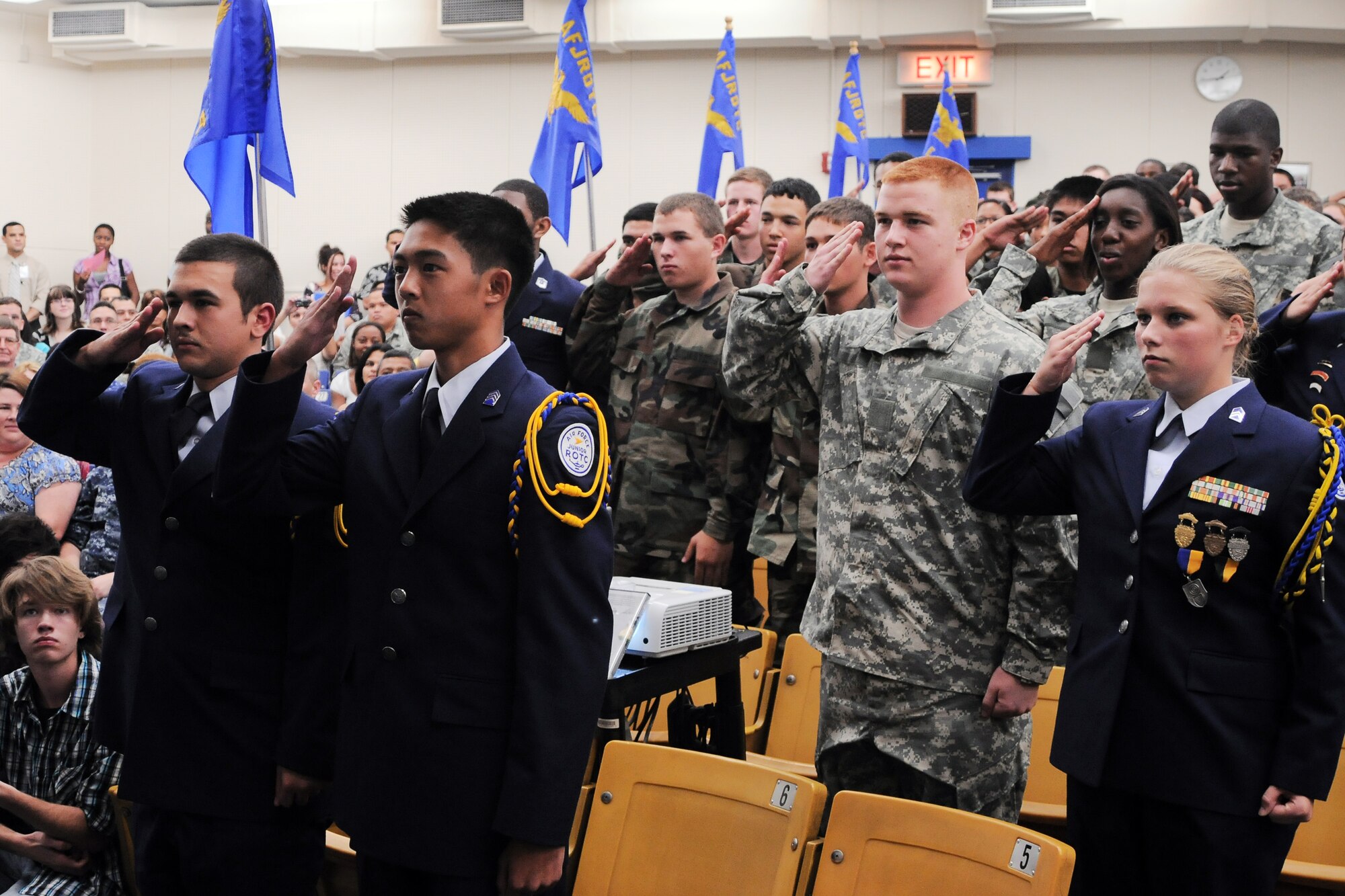 YOKOTA AIR BASE, Japan -- Cadets render their first salute as Airmen to their new commander, during a change of command ceremony here Sept. 22. The change of command was held to cross the Yokota High School cadets from the Army Junior Reserve Officer Training Corps program to the Air Force JROTC program as well as to a new commander. (U.S. Air Force Photo/ Airman 1st Class Katrina R. Menchaca)