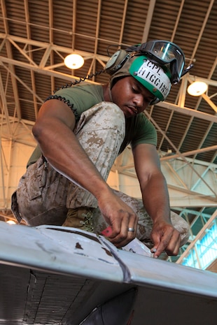Cpl. William Higgins, fixed-wing airframes aircraft mechanic with Marine All-Weather Fighter Attack Squadron 224, overlooks flight surfaces on an F/A-18 Hornet jet during a phase Bravo inspection here Oct. 5. A Bravo inspection requires multiple electrical and mechanical components to be taken apart, undone and then re-installed. Inspections must be done on an aircraft every time it accumulates 200 flying hours.