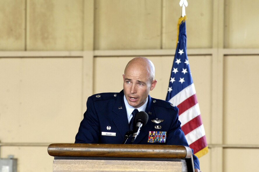 Lieutenant Colonel Gregory J. Miller, former 19th Fighter Squadron commander from Joint Base Elmendorf-Richardson, Alaska, speaks to attendees during the 19th Fighter Squadron Realignment and Assumption of Command ceremony Oct. 4 at Joint Base Pearl harbor Hickam, Hawaii. The 19th FS will once again call Hawaii home as it spent 1923-1944 in the Hawaiian territories, including assignments at Wheeler Army Airfield, Bellows Army Airfield and Barbers Point. (Photo by David D. Underwood, Jr.)