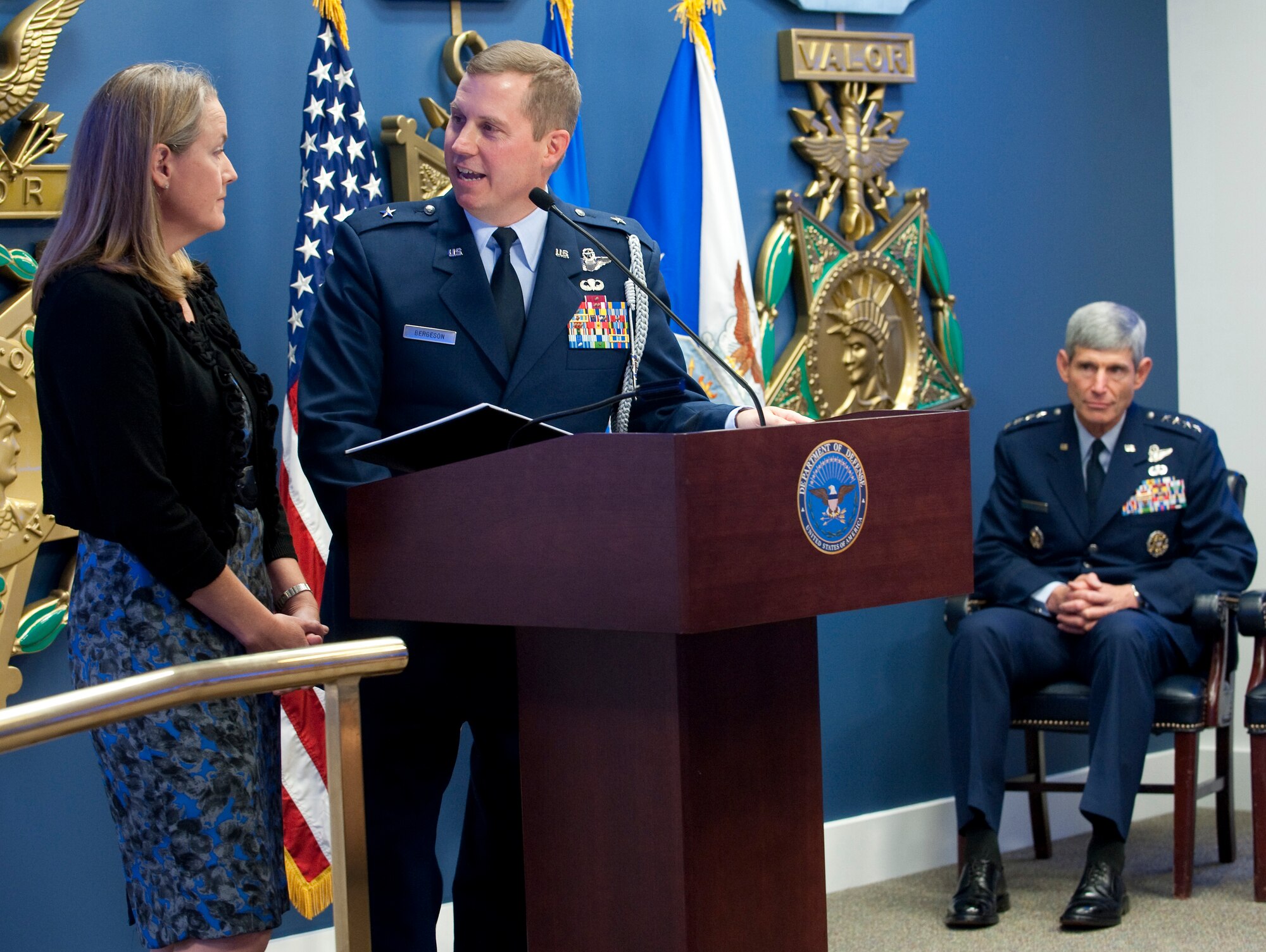 Air Force Chief of Staff Gen. Norton Schwartz (seated right) looks on as Brig. Gen. Thomas W. Bergeson and his wife Pamela talk about winning the 2010 General and Mrs. Jerome F. O'Malley award. General Schwartz presented the award during a ceremony in the Pentagon Oct. 4, 2010. The award is presented annually to the wing commander and spouse team who have best exhibited their own courage, power, grace and beauty in caring for Air Force families. The award was established after the O'Malleys, who were known for their leadership and contributions to Air Force families and communities, were tragically killed in a plane crash in 1985. (U.S. Air Force photo/Jim Varhegyi)