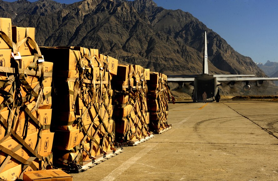 An Air Force Reserve C-130 Hercules prepares for takeoff Oct. 3 after combat offloading four pallets of flood relief supplies at the at the Skardu Airport in northern Pakistan. The mission, flown by 302nd Airlift Wing aircrews from Peterson Air Force Base, Colo., who are deployed to Southwest Asia in support of U.S. Central Command operations, was one of the last fixed-wing operations supporting flood relief in Pakistan. Between Aug. 16 and Oct. 3, C-130 Hercules and C-17 Globemaster III aircraft and their aircrews transported nearly 6 million pounds of much-needed relief supplies to Pakistan aid distribution centers throughout the country. (U.S. Air Force photo/Staff Sgt. Andy Kin)
