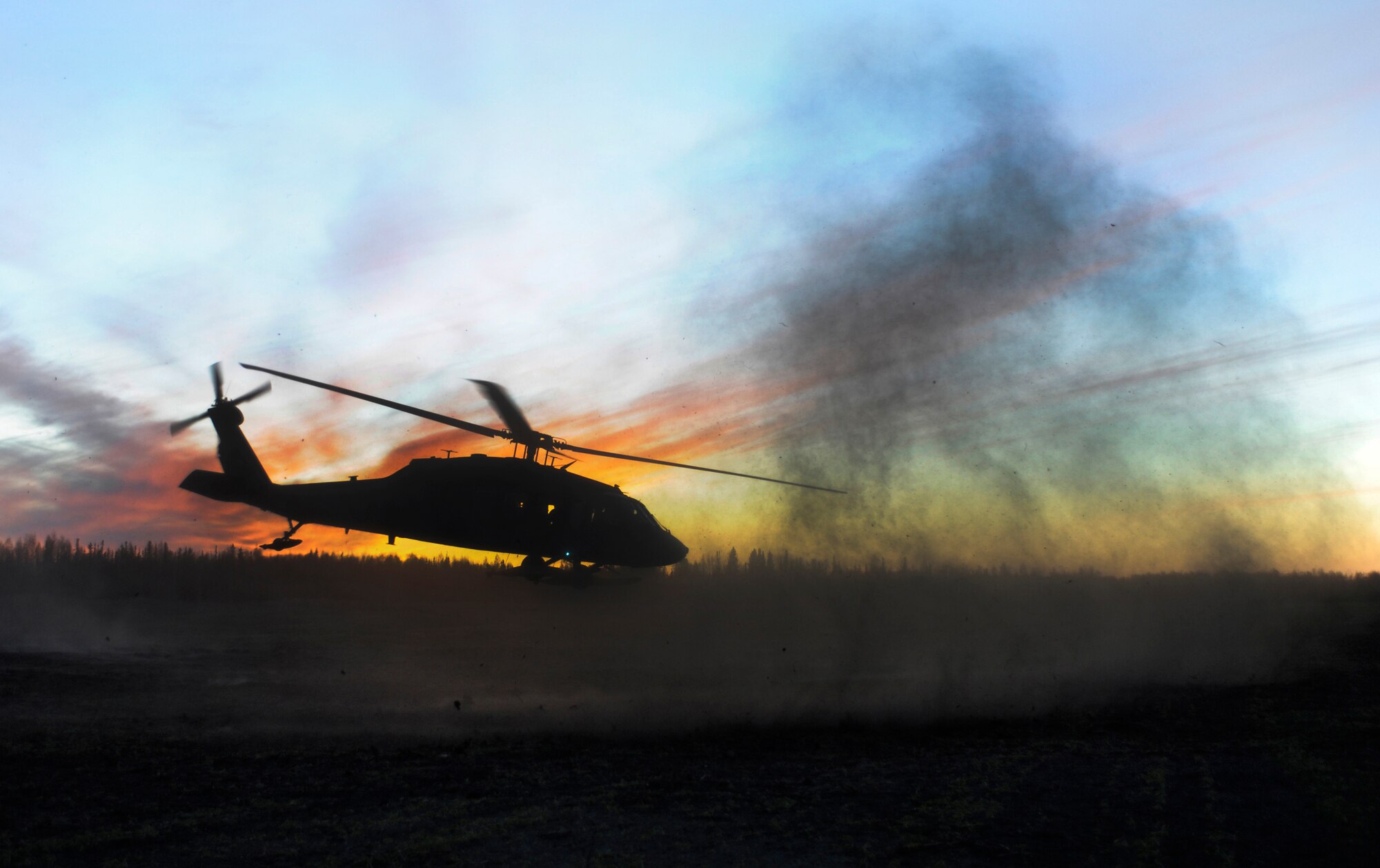 An UH-60 Black Hawk takes of Sept. 28, 2010, Eielson Air Force Base, Alaska. The Black Hawk was waiting for dark to conduct night operation training. The crew needs a specific amount of flight time using night vision to stay proficient. (U.S. Air Force photo/Senior Airman Willard E. Grande II)