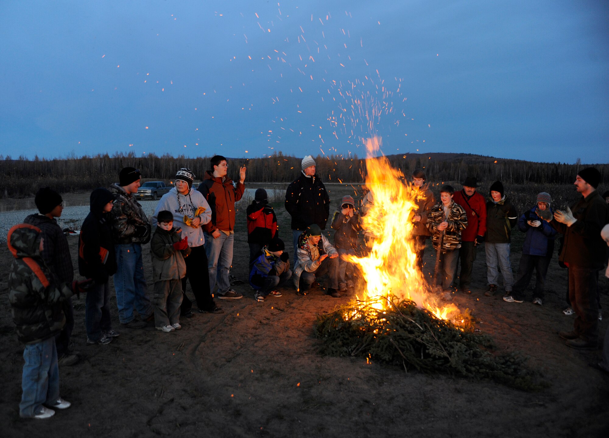 A local boy scout troop gets instructed Sept. 28, 2010, Eielson Air Force Base, Alaska. The instruction was conducted by a U.S. Air Force Survival Evasion Resistance Escape Specialist. The training will help the Scouts fulfill requirements toward merit badges. (U.S. Air Force photo/Senior Airman Willard E. Grande II)