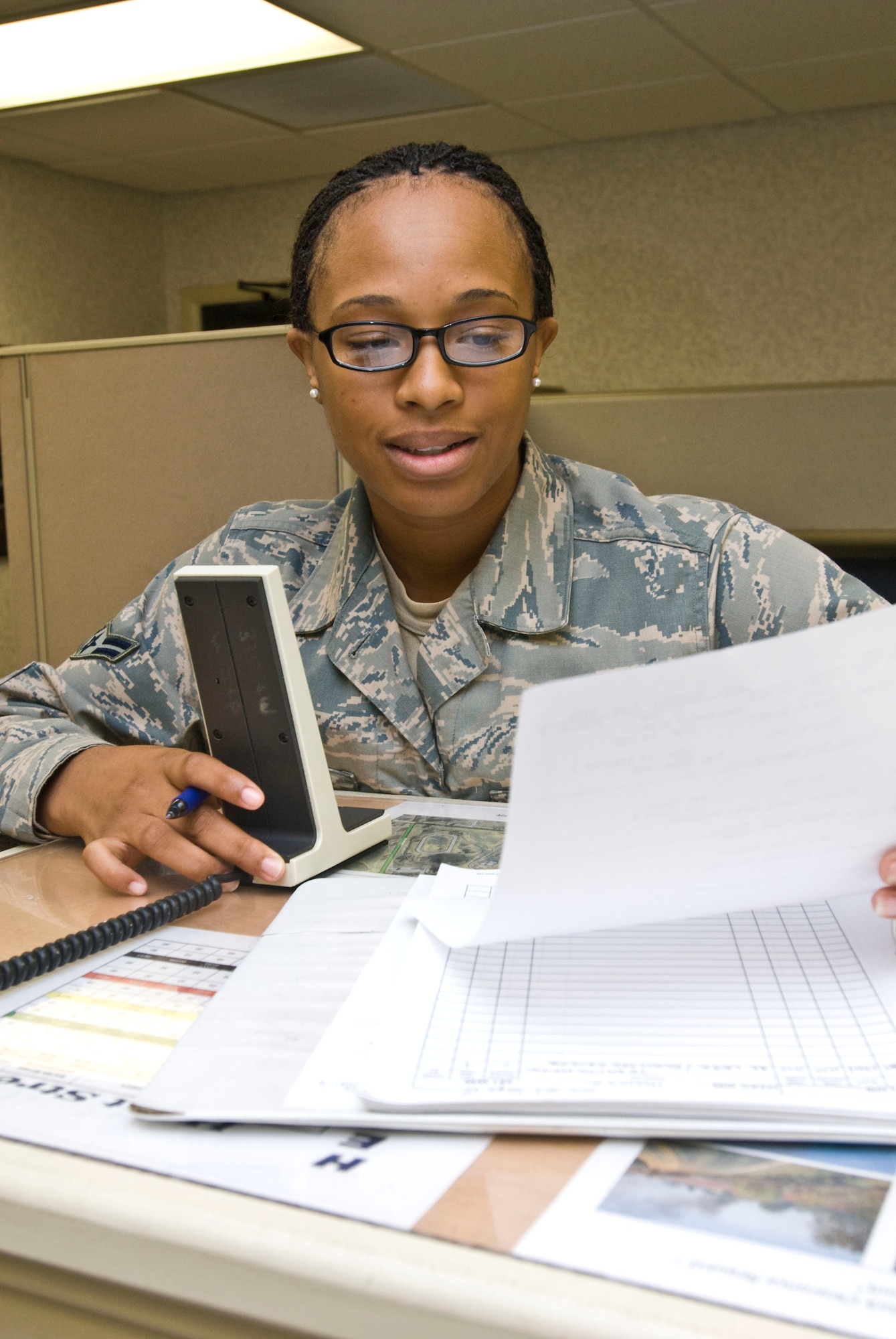 Airman 1st Class Dezarae Herring, 19th Civil Engineer Squadron production control specialist, radios in a work order to her coworkers Sept. 24 here. Airman Herring was selected to receive the Chiefs Sharp Troop award for her job performance and volunteer efforts. She managed the squadron’s $500,000 cell phone account and filled the duties of shop safety representative and alternate facility manager. Airman Herring also volunteered her time during the Riverfest festival in Little Rock, strengthening bonds between the base and local community. (U.S. Air Force photo by Staff Sgt. Nestor Cruz)