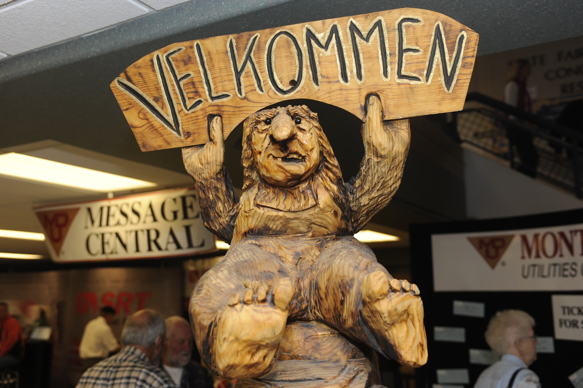 MINOT, N.D. -- A wood carving welcomes visitors from around the globe to the Norsk Hostfest at the N.D. State Fair Grounds here Sept. 30. Celebrating its 33rd year in service to the Scandinavian culture, the festival provides a fun, family atmosphere for Air Force Global Strike Command Airmen to rest and relax among peers, friends and fellow community members. (U.S. Air Force photo by Senior Airman Benjamin Stratton)