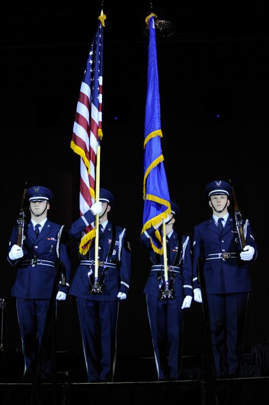 MINOT, N.D. -- The Minot Air Force Base Honor Guard perform a color guard detail during the presentation of the flags for the Norsk Hostfest at the N.D. State Fair Grounds here Sept. 30. Celebrating its 33rd year in service to the Scandinavian culture, the festival provides a fun, family atmosphere for Air Force Global Strike Command Airmen to rest and relax among peers, friends and fellow community members. (U.S. Air Force photo by Senior Airman Benjamin Stratton)