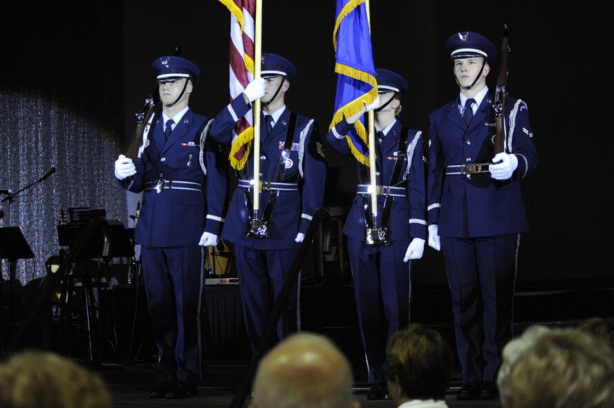 MINOT, N.D. -- The Minot Air Force Base Honor Guard perform a color guard detail during the presentation of the flags for the Norsk Hostfest at the N.D. State Fair Grounds here Sept. 30. Celebrating its 33rd year in service to the Scandinavian culture, the festival provides a fun, family atmosphere for Air Force Global Strike Command Airmen to rest and relax among peers, friends and fellow community members. (U.S. Air Force photo by Senior Airman Benjamin Stratton)