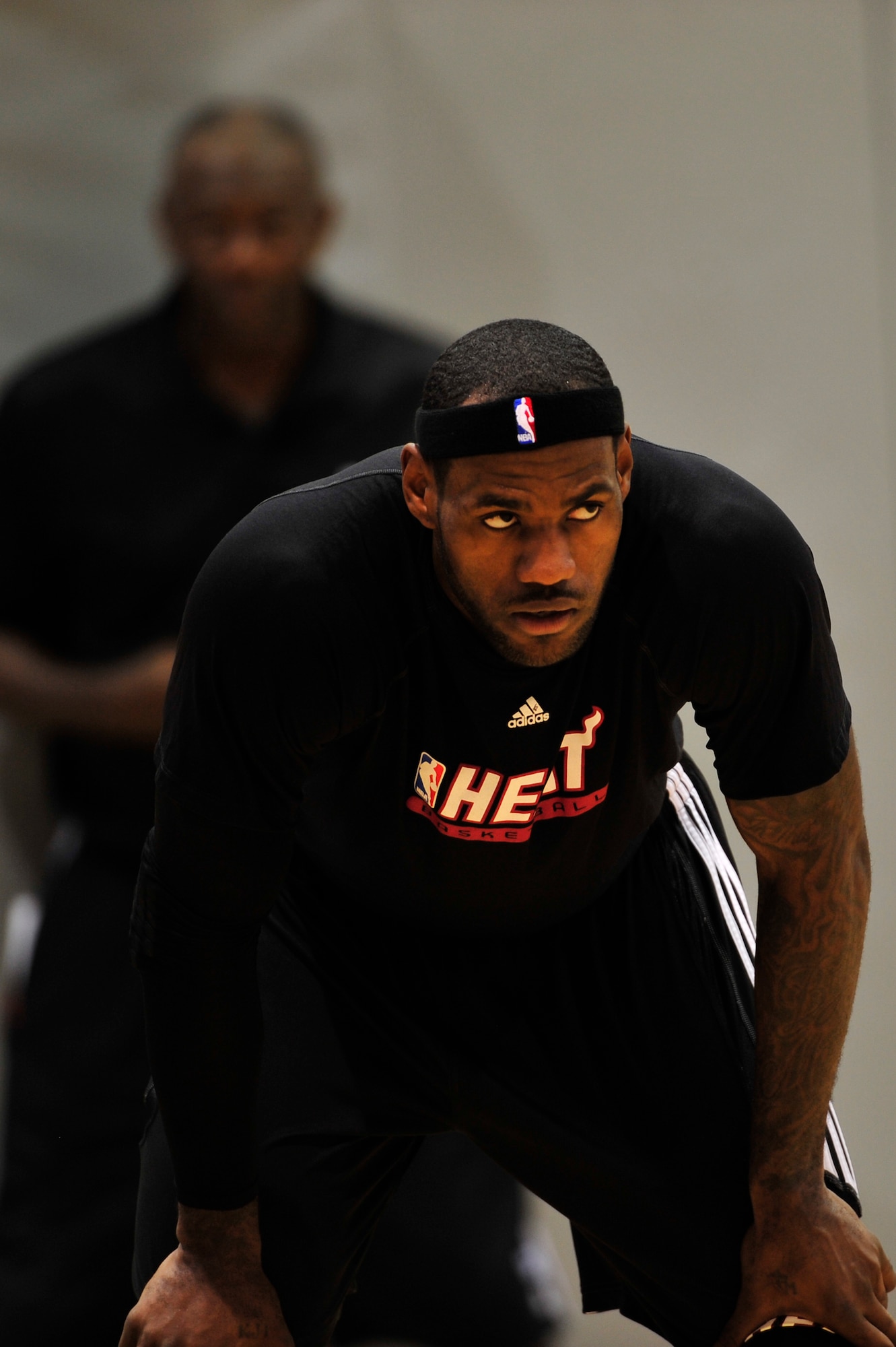 LeBron James, a Miami HEAT player, takes a breather at practice during the Miami HEAT 2010 Training Camp at the Aderholt Fitness Center, Hurlburt Field, Fla., Sept. 29, 2010. The team requested the use of the fitness center for their week-long training camp, and 1st Special Operations Wing leadership agreed to support the visit. (DoD photo by U.S. Air Force Staff Sgt. Stephanie Jacobs/RELEASED)
