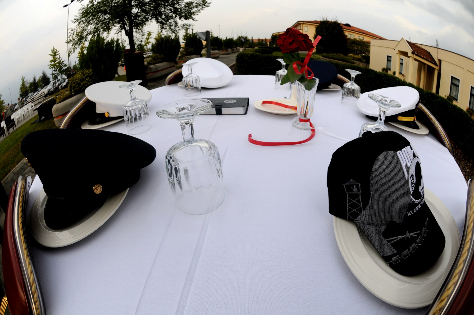 The POW/MIA Week commemoration ceremony at the 31st Fighter Wing Headquarters Sept. 30 features a table in honor of those prisoners of war and those missing in action. (U.S. Air Force photo/Staff Sgt. Julius Delos Reyes)