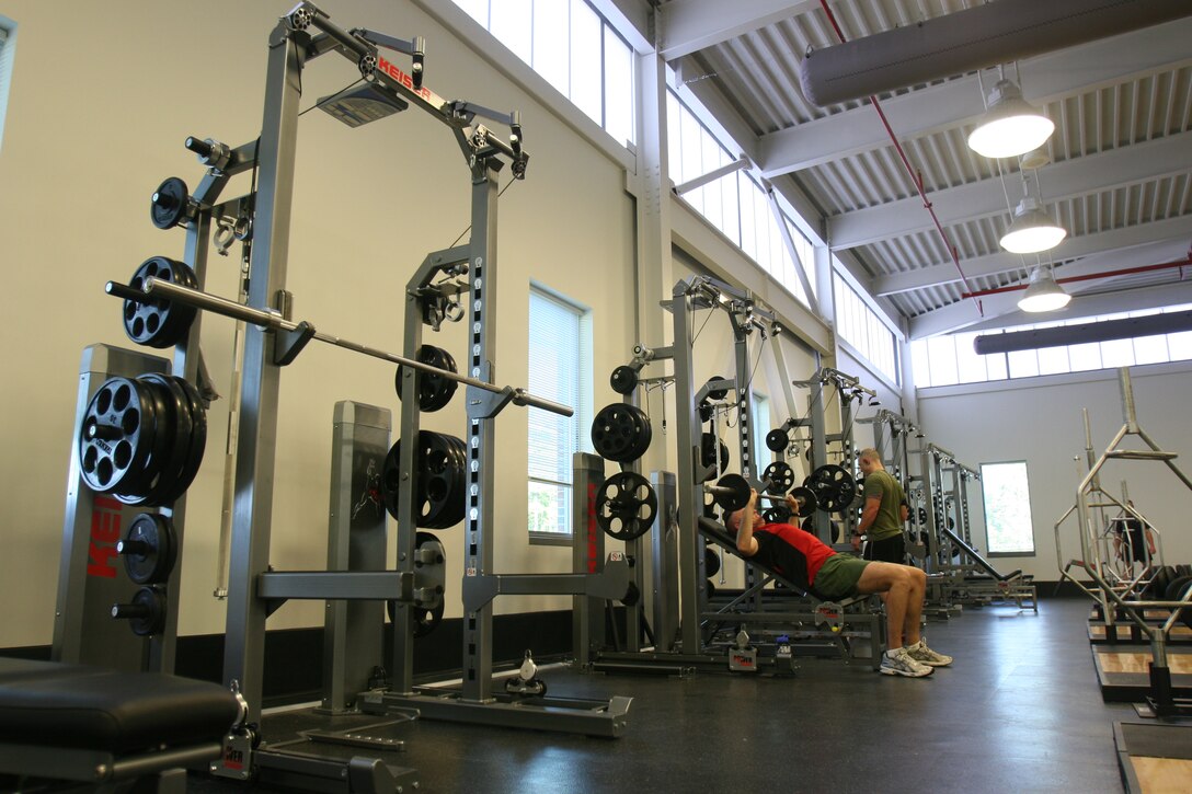 A Marine from U.S. Marine Corps Forces, Special Operations Command practices incline bench press on a hydraulic Keiser half rack in Stone Bay’s new gym. Unlike other gyms aboard Camp Lejeune, Stone Bay’s new fitness center caters specifically to MARSOC’s Performance and Resiliency (PERRES) program.