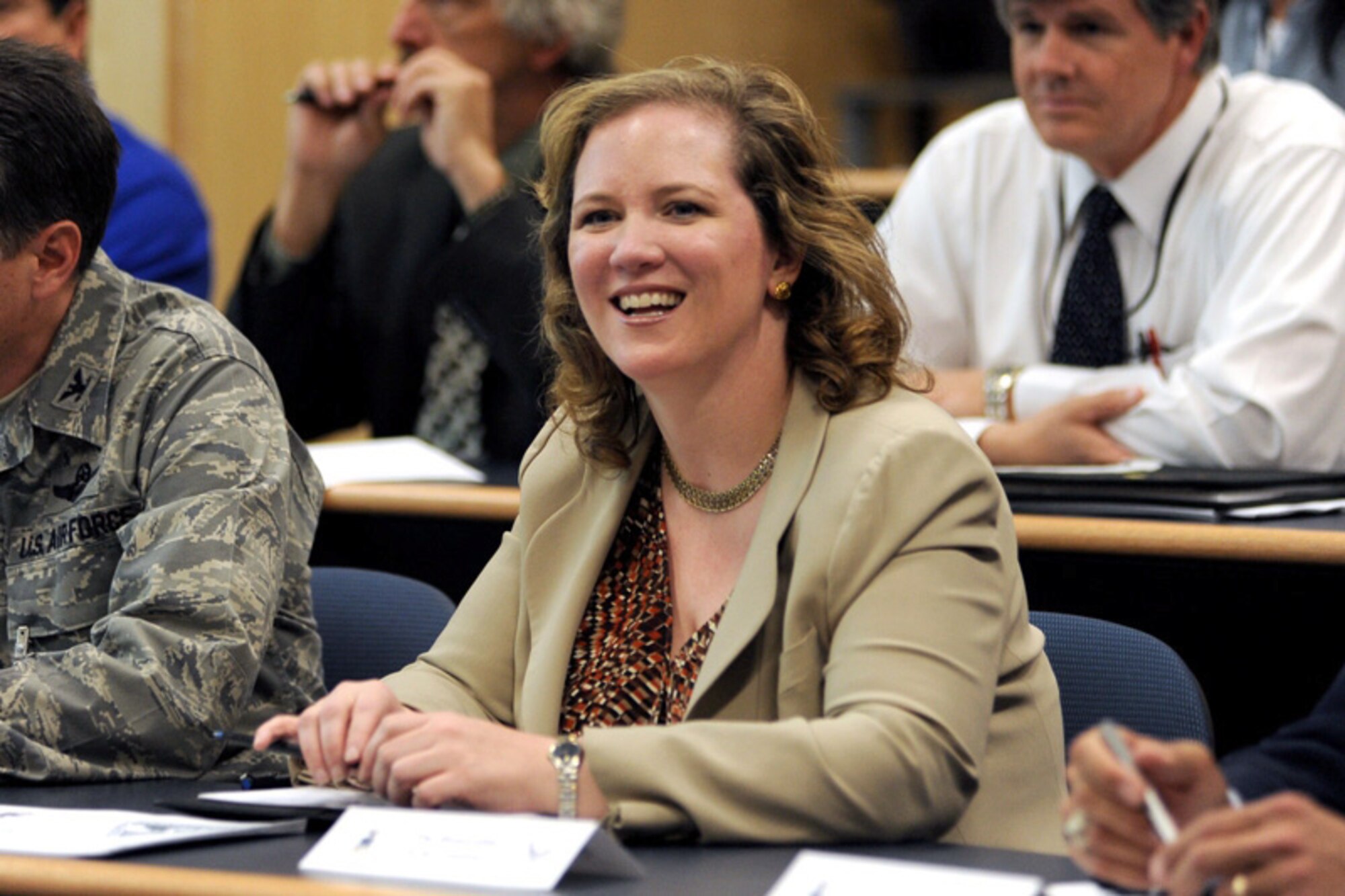 Undersecretary of the Air Force Erin Conaton speaks with members of the
U.S. Air Force Academy's Falcon Green energy triad during a meeting to discuss energy awareness and research initiative Oct. 1, 2010, at the Academy in Colorado Springs, Colo. (U.S. Air Force photo)
