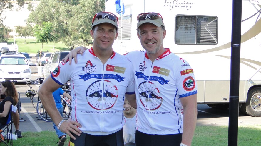 Lt. Col. Paul Thompson, a C-17 Globemaster III pilot with the 729th Airlift Squadron at March Air Reserve Base, Calif., stands with John Greenway during 2009's The Ride for Semper Fi.  Colonel Thompson and Greenway founded the annual 430-mile ride to raise money for wounded warriors.  (Photo courtsey of The Ride for Semper Fi)