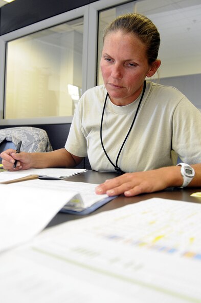 Master Sgt. Rachel Conaway production superintendent of the Blue team with the 437th Aircraft Maintenance Squadron onboard Join Base Charleston-Air Base, slices away at the piles of paperwork documenting performed and scheduled maintenance. The 437th AMXS is comprised of two teams, Blue and Gold, which manage more than 25 C-17 aircraft, maintaining scheduled maintenance and paperwork. (U.S. Navy photo/Mass Communication Specialist 1st Class Jennifer Hudson) 
