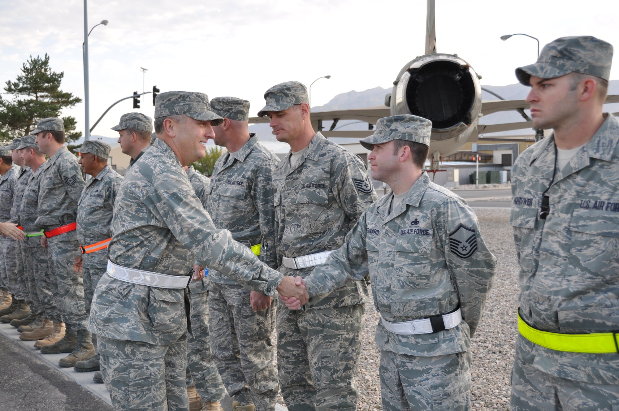 Col. Walter “Buck” Sams, 419th Fighter Wing commander, shakes hands with key contributors who helped build the newly unveiled 419th FW Heritage Park during the October UTA. Completing the park was more than a three-year endeavor by numerous wing members. (U.S. Air Force photo/Staff Sgt. Alan Schultz)