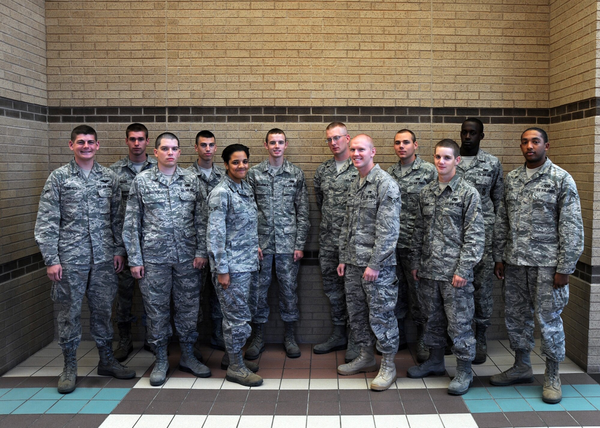 Congratulations to Team McConnell’s newest First Term Airman’s Center graduates who graduated Oct. 8, 2010, at McConnell Air Force Base, Kan. Front row: Airman Michael Voorhees, Airmen 1st Class David Van Gilder, Ederlin Diaz, Matthew Shirk, Aaron Lamb and Andre Davis.  Back row: Airman Brandon Hager, Airmen 1st Class Derek Roy, Tucker McCormick, Trevor Hoyt, Tristan Aycock and Marquise Greene.  (U.S. Air Force photo/Staff Sgt. Dallas Edwards)