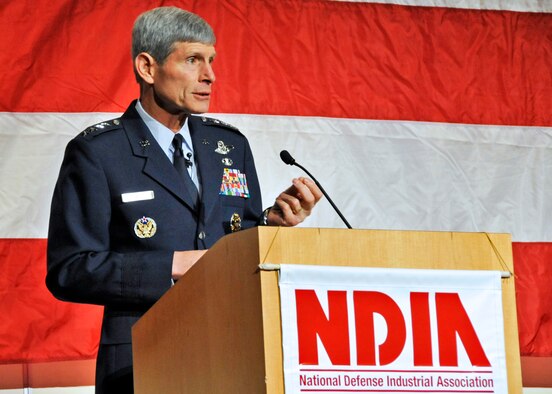 Air Force Chief of Staff Gen. Norton Schwartz speaks to an audience of industry and government personnel at the Air Armament Symposium in Fort Walton Beach, Fla., Oct. 5, 2010.  General Schwartz spoke about the need for efficiency, versatility and flexibility to create the decisive air and space power that is the trademark of the Air Force.  This year's 36th annual two-day symposium highlighted topics vital to national and international defense interests. Speakers from joint services and Air Force major commands shared the common thread of working together in a changing acquisition world.  (U.S. Air Force photo/Samuel King Jr.)
