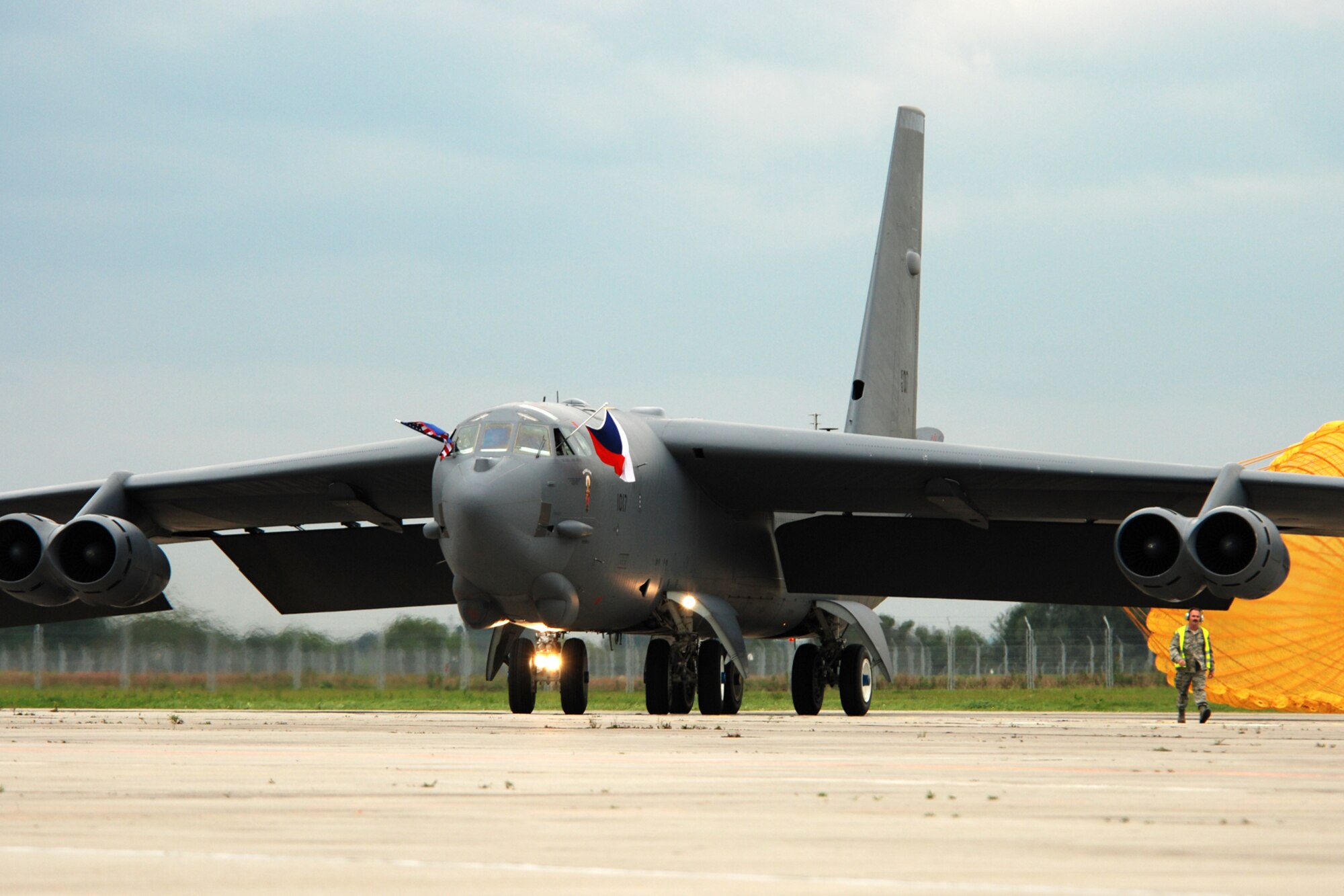 A 917th Wing B-52H Stratofortress from Barksdale Air Force Base, La., displays the flags of the Czech Republic, North Atlantic Treaty Organization (NATO), and the United States of America, after landing at the Leoš Janácek Airport in Ostrava, Czech Republic, Sept. 15, 2010. This marked the first-time a B-52 bomber has visited the Czech Republic. It was flown there in support of the 10th Annual NATO Days in Ostrava air show, which is the largest air, army and security show in Central Europe. (U.S. Air Force photo/Master Sgt. Greg Steele) 