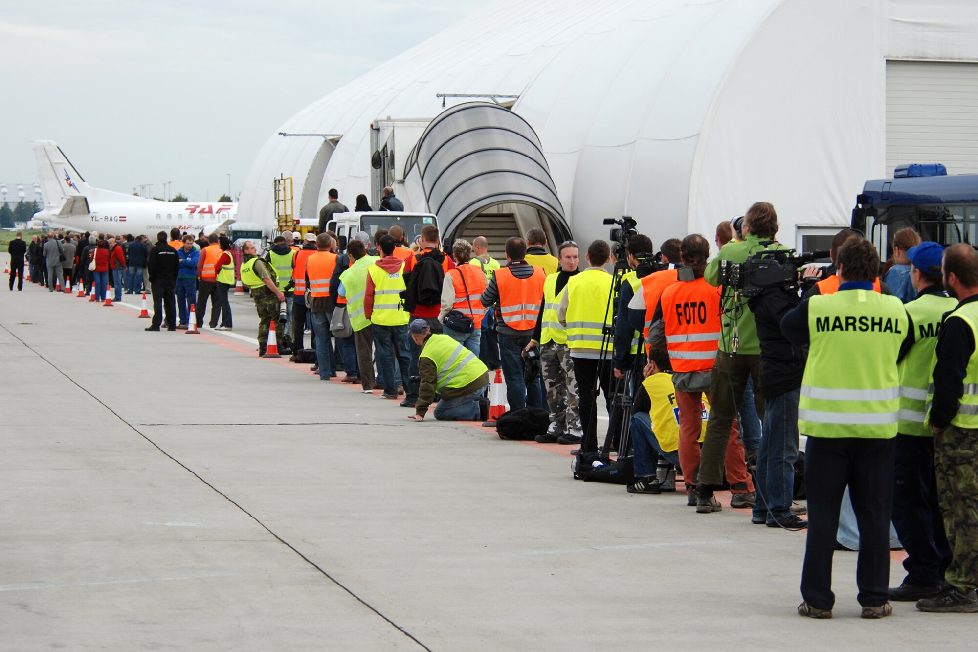 Anxious spectators, local and international media, await the arrival of a 917th Wing B-52H Stratofortress at the Leoš Janácek Airport in Ostrava, Czech Republic, Sept. 15, 2010. This marked the first-time a B-52 bomber visited the Czech Republic and was flown in to support the 10th Annual NATO Days in Ostrava air show, which is the largest air, army and security show in Central Europe. The 917th Wing is located at Barksdale Air Force Base, La. (U.S. Air Force photo/Master Sgt. Greg Steele) 
