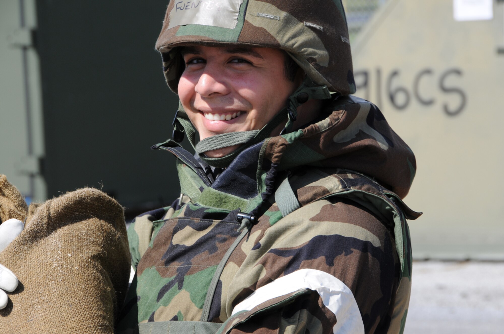 Airmen from the 916th Air Refueling Wing build a bunker with sandbags during the recent Operational Readiness Inspection. (USAF photo by TSgt. Scotty Sweatt, 916ARW/PA)