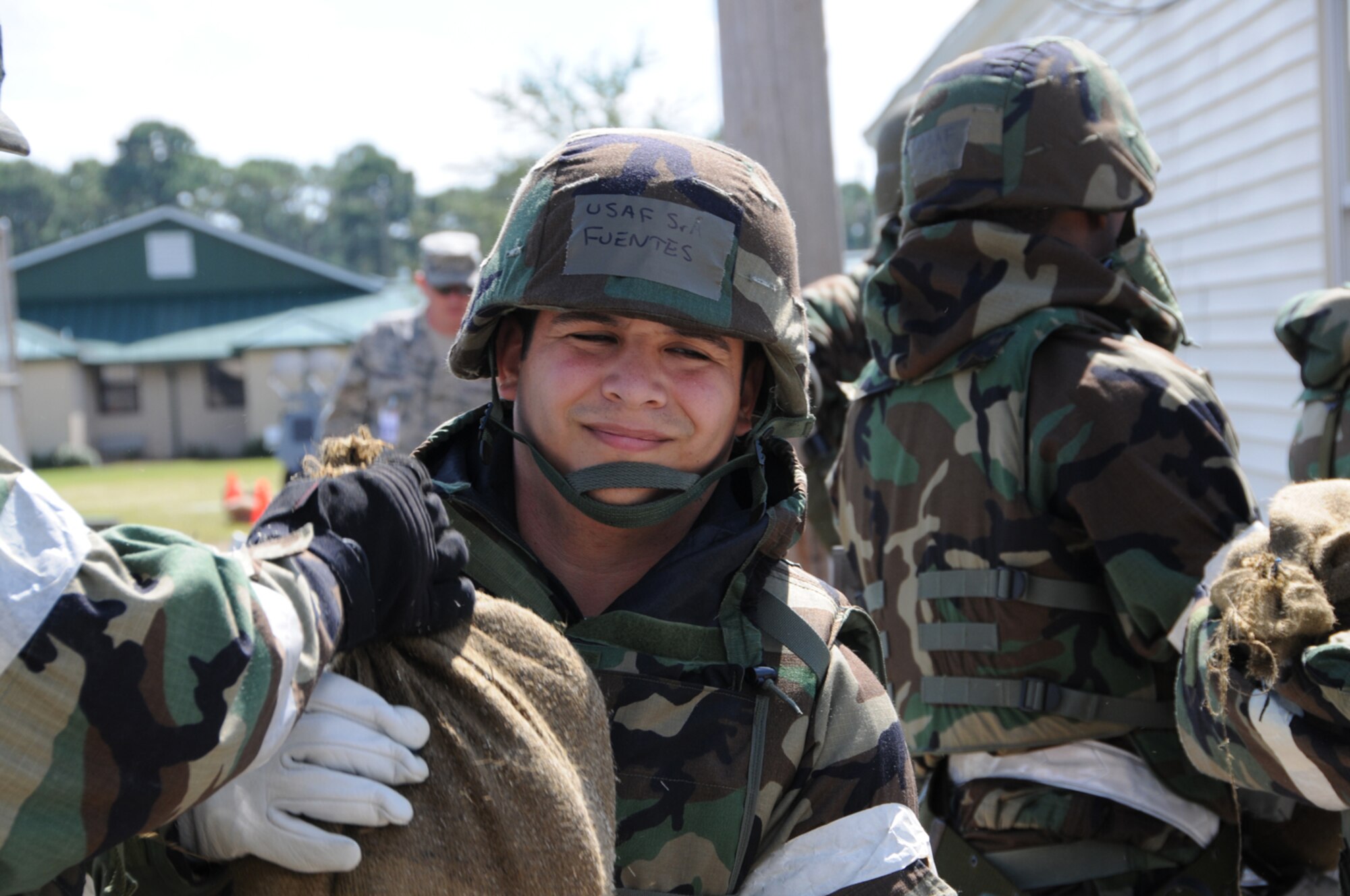 Airmen from the 916th Air Refueling Wing build a bunker with sandbags during the recent Operational Readiness Inspection. (USAF photo by TSgt. Scotty Sweatt, 916ARW/PA)