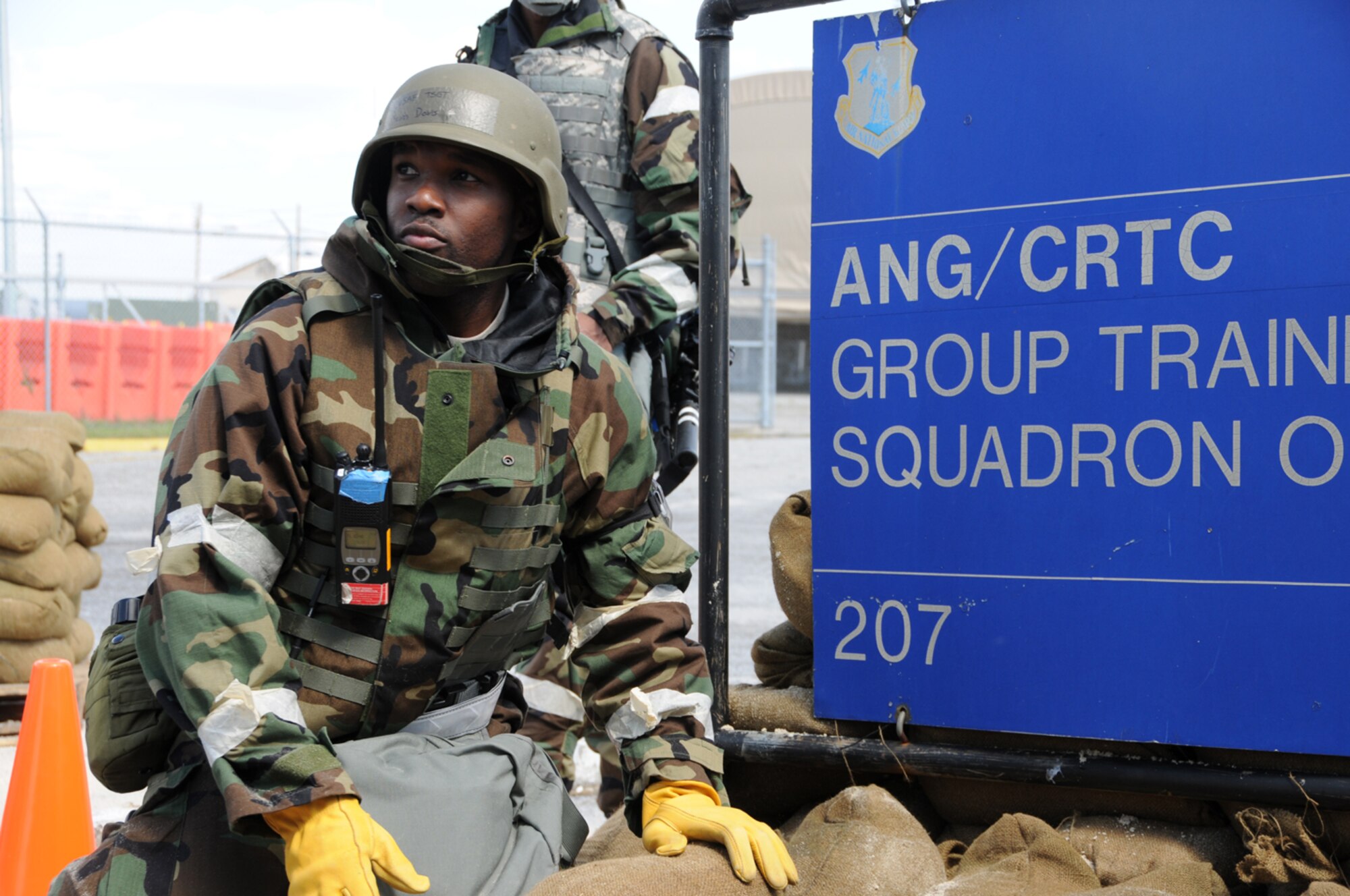 Airmen from the 916th Air Refueling Wing build a bunker with sandbags during the recent Operational Readiness Inspection. (USAF photo by TSgt. Scotty Sweatt, 916ARW/PA)