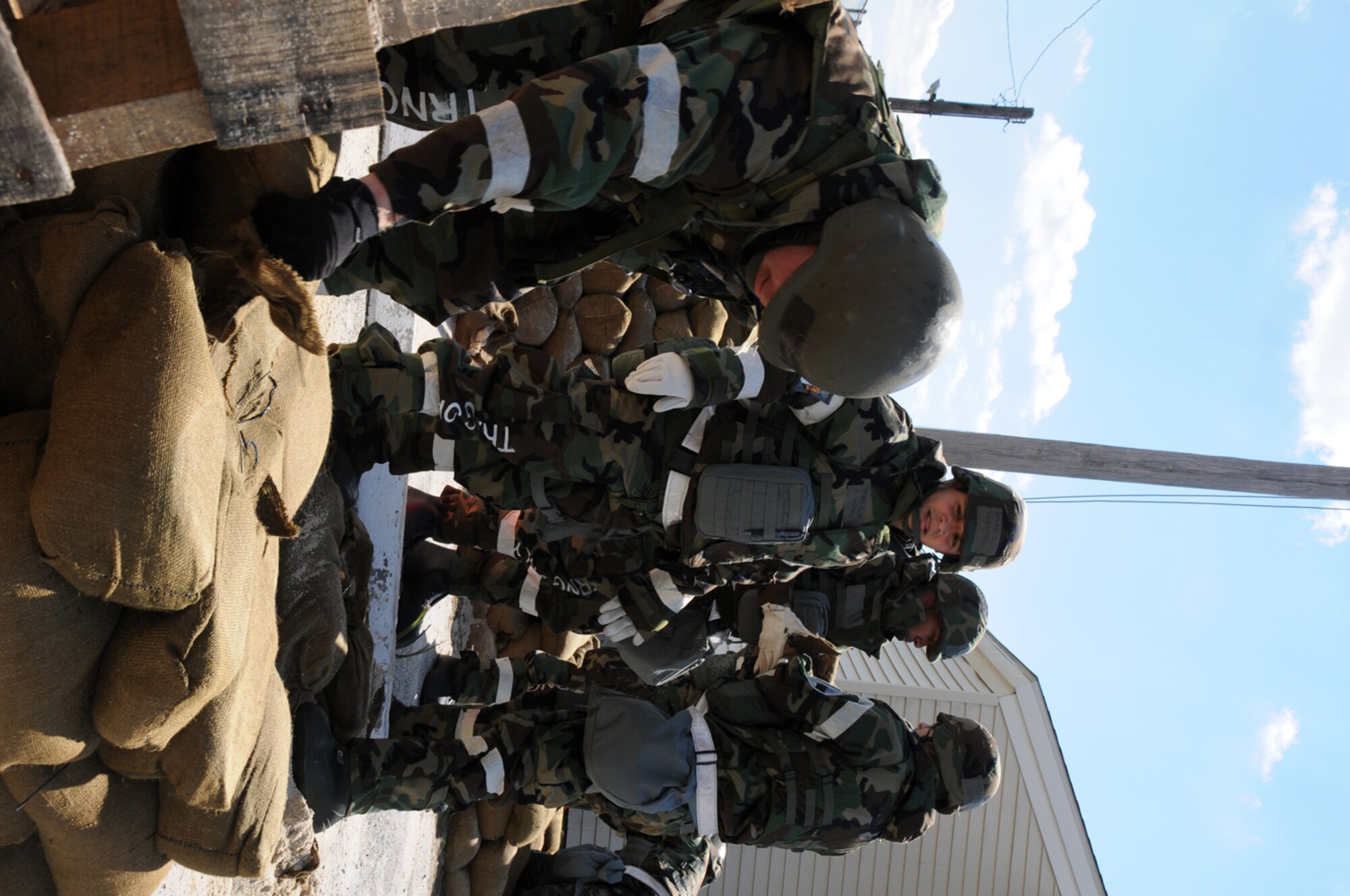 Airmen from the 916th Air Refueling Wing build a bunker with sandbags during the recent Operational Readiness Inspection. (USAF photo by TSgt. Scotty Sweatt, 916ARW/PA)