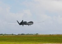 The RQ-4 Global Hawk Andersen Air Force Base, Guam, Oct. 7. This is its first take-off since its arrival ceremony and it's the only permanentlystationed aircraft on Andersen. The Global Hawk's mission is to provide a broad spectrum of intelligence, surveillance and reconnaissance collection capability to support joint combatant forces in worldwide peacetime, contingency and wartime operations. (U.S. Air Force photo/ Senior Airman Nichelle Anderson/released)  
