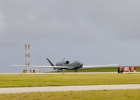The RQ-4 Global Hawk Andersen Air Force Base, Guam, Oct. 7. This is its first take-off since its arrival ceremony and it's the only permanentlystationed aircraft on Andersen. The Global Hawk's mission is to provide a broad spectrum of intelligence, surveillance and reconnaissance collection capability to support joint combatant forces in worldwide peacetime, contingency and wartime operations. (U.S. Air Force photo/ Senior Airman Nichelle Anderson/released) 