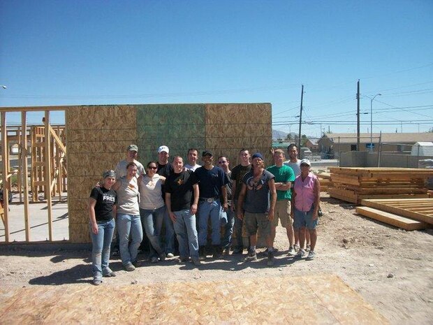 LAS VEGAS-- Airmen from the 547th Intelligence Squadron recently spent a day volunteering with Habitat for Humanity, constructing two homes for needy families in the area. Habitat for Humanity is a nonprofit organization that has provided more than 1.75 million people in 3,000 communities with safe, decent, affordable shelter through volunteer labor and donations of money and materials. (Courtesy photo)