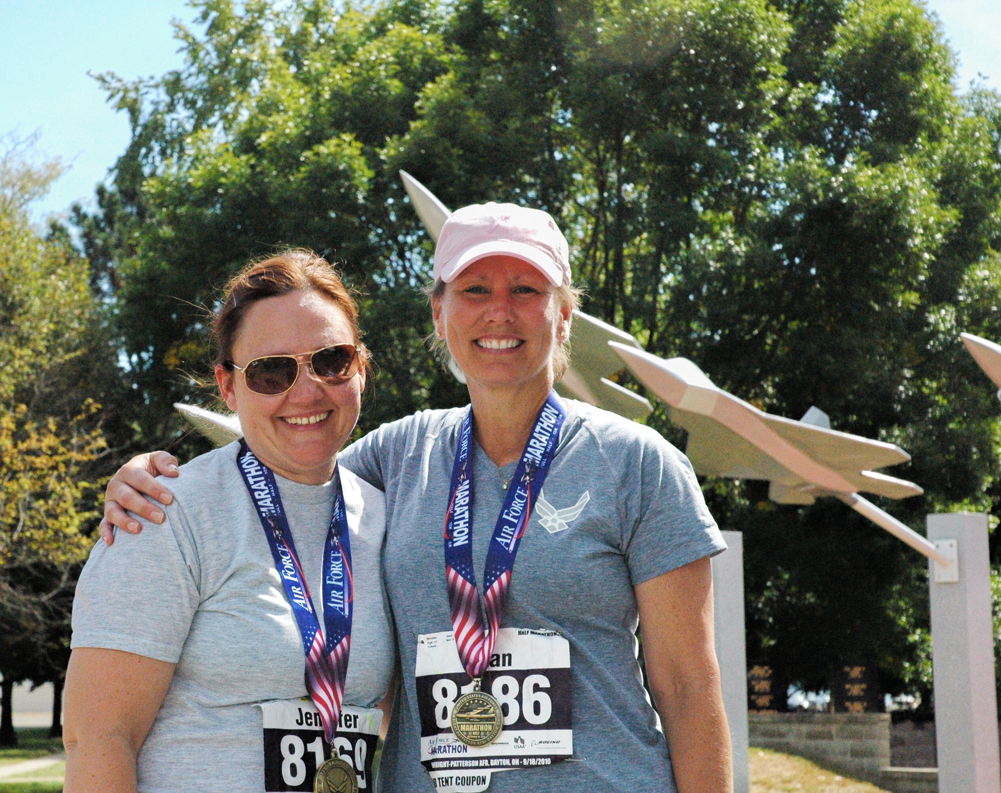 WRIGHT-PATTERSON AIR FORCE BASE, Ohio – From left to right; Lt. Col. Jennifer Wedel, 445th Aeromedical Staging Squadron, and Tech. Sgt. Joan Weldon, 445th Mission Support Flight, enjoy a smile after completing the 2010 Air Force Half Marathon Sept. 18.  (Courtesy photo)