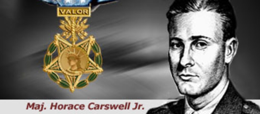 Maj. Horace Carswell, Medal of Honor recipient, stayed with his crashing B-24 Liberator instead of bailing out with most of his crew in order to attempt a landing to save the life of his bombardier, whose parachute had been destroyed. (U.S. Air Force illustration)
