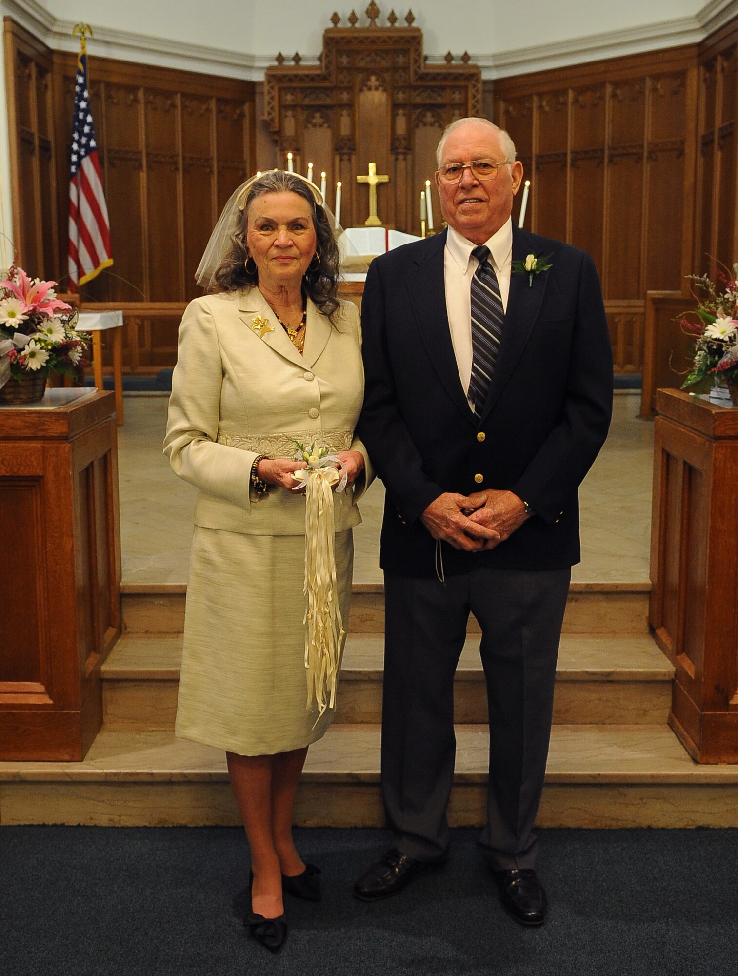 BARKSDALE AIR FORCE BASE, La. -- Nancy and Kenneth Scott pose after their vow renewal ceremony here, Oct. 2. Kenneth and Nancy drove from Florida to Barksdale to celebrate their wedding anniversary at the very same chapel they originally got married in 51 years ago. (U.S. Air Force photo/Senior Airman Amber Ashcraft) (RELEASED)