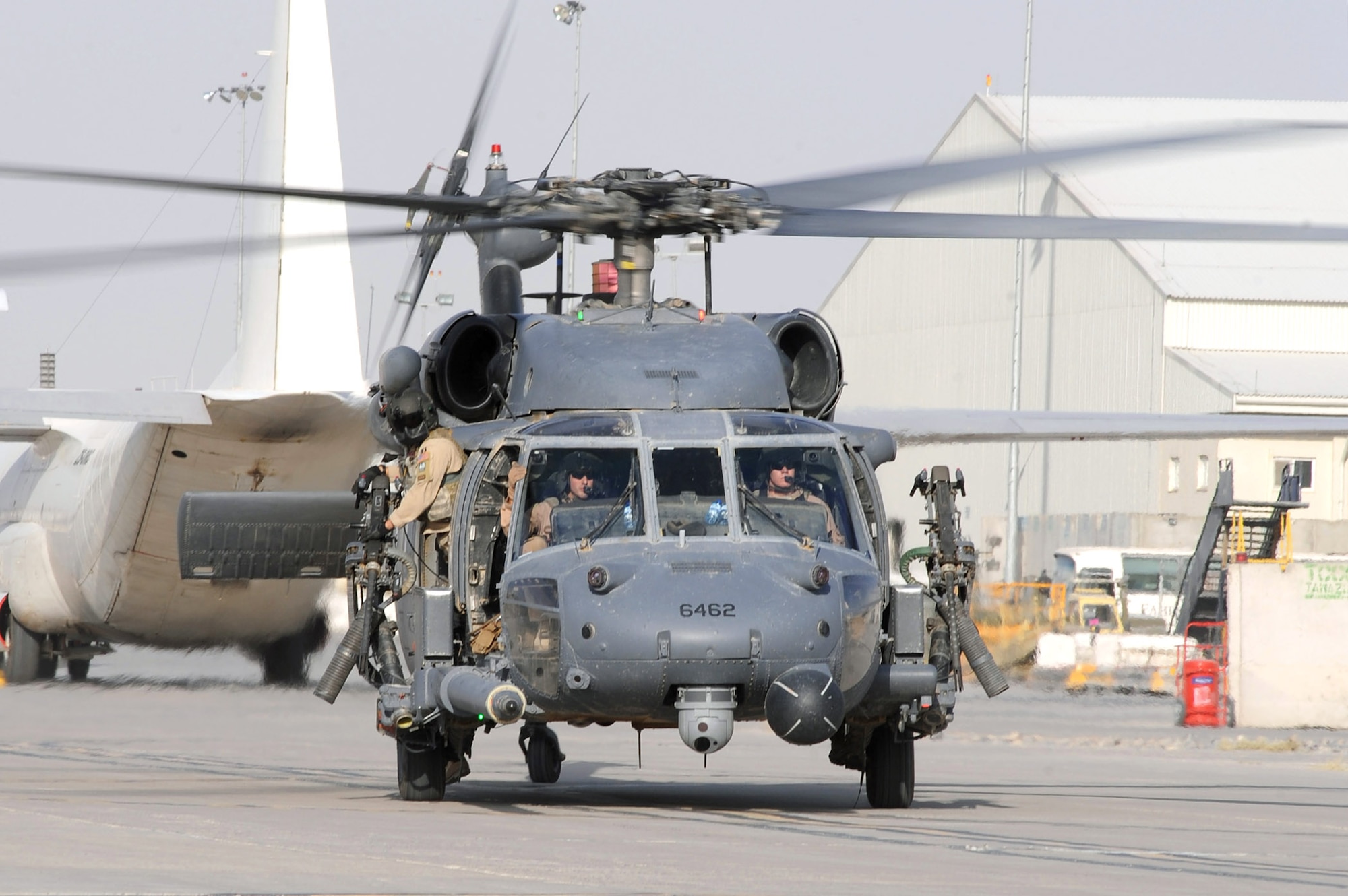 An HH-60G Pave Hawk helicopter taxis before a mission Oct. 1, 2010, at Kandahar Airfield, Afghanistan. Airmen of the 26th Expeditionary Rescue Squadron conduct combat search and rescue missions as well as transporting injured military members and civilians for medical treatment. (U.S. Air Force photo/Tech. Sgt. Chad Chisholm)