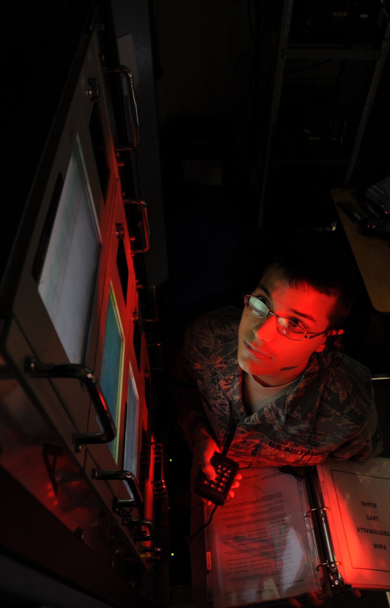 WHITEMAN AIR FORCE BASE, Mo. - Staff Sgt. Nicholas Himes, 509th Bomb Wing Command Post senior emergency action controller, runs diagnostics on the Automated Command Control System, Oct.5. Whiteman is a hub for many bases and is responsible for reprogramming certain bases communication lines. (U.S. Air Force photo by Senior Airman Carlin Leslie)
