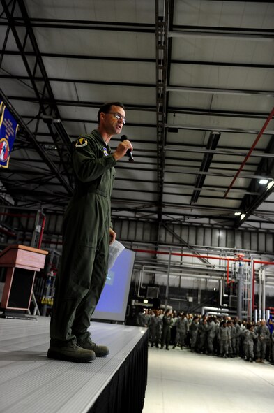 U.S. Air Force Brig. Gen. Mark Dillon, 86th Airlift Wing commander, gives remarks during an operational readiness inspection out-brief, Ramstein Air Base, Germany, Oct. 7, 2010. The 86th Airlift Wing received an excellent for their ORI performance. (U.S. Air Force photo by Airman 1st Class Brea Miller) 