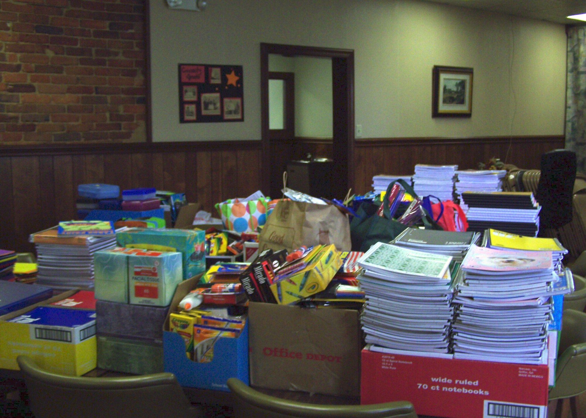 GOLDSBORO, N.C. -- School supplies are organized by item and wait for distribution from the Wayne County Communities in Schools (CIS) organization here, Sept. 29, 2010. The Wayne County CIS, school district and Seymour Johnson Air Force Base joined together to provide donations exceeding $9,400 for students in need of school supplies. (Courtesy photo by Sudie Davis) (RELEASED)