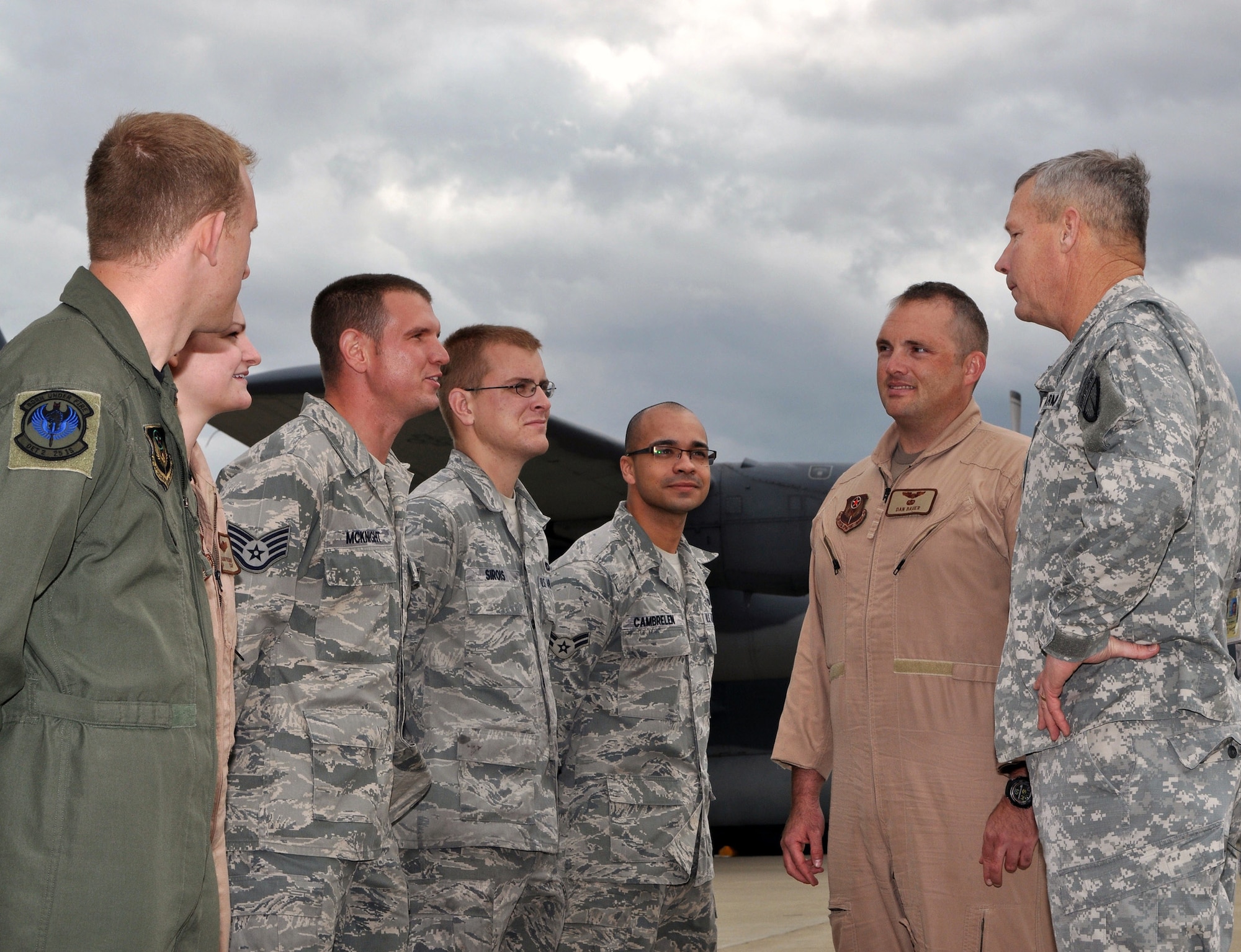 RAF MILDENHALL, England -- The Commander of Special Operations Command Europe, Army Maj. Gen. Michael Repass, meets with crewmembers and maintainers of a 352nd Special Operations Group MC-130P Combat Shadow during a visit to RAF Mildenhall, Aug. 24 2010.  General Repass recently assumed command of SOCEUR which exercise operational control of the 352nd SOG.  The 352nd SOG is the only Air Force special operations unit in United States European Command.  (U.S. Air Force photo/Tech. Sgt. Marelise Wood) 