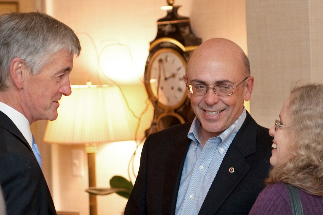 Philip and Maureen Miller, the parents of Army Staff Sgt. Robert J. Miller, talk with Army Secretary John McHugh at the quarters of the Army Chief of Staff Gen. George W. Casey Jr. on Fort Myers, Va., Oct. 5, 2010. The Miller family was in the Washington, D.C., area for a ceremony in which President Barack Obama posthumously awarded the Medal of Honor to their son for his service in Afghanistan.