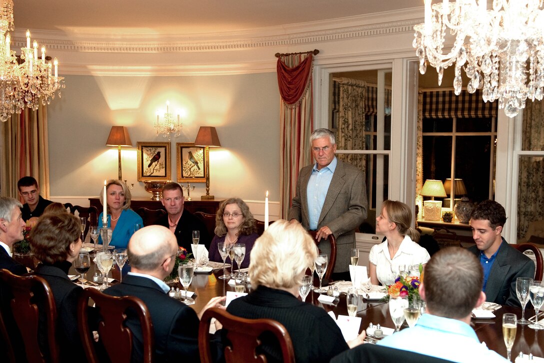 Army Chief of Staff Gen. George W. Casey Jr. addresses members of the Miller family and family friends before dinner on Fort Myers, Va., Oct. 5, 2010.