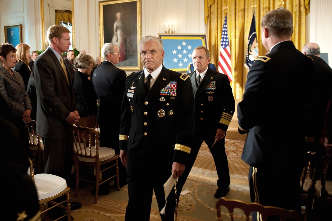 Army Chief of Staff Gen. George W. Casey Jr. leaves the East Room of the White House, Oct. 6, 2010, after a Medal of Honor ceremony for U.S. Army Staff Sgt. Robert J. Miller.