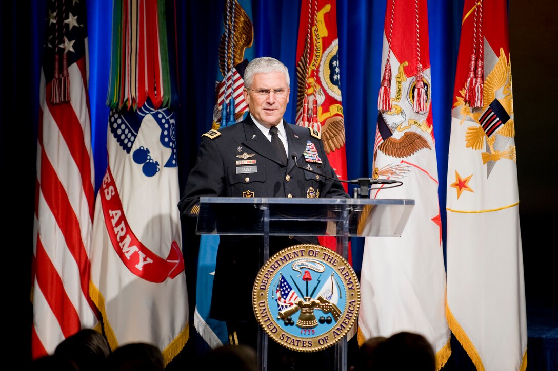 Army Chief of Staff Gen. George W. Casey Jr. addresses the audience during a Medal of Honor ceremony for U.S. Army Staff Sgt. Robert J. Miller at the Pentagon, Oct. 7, 2010. 