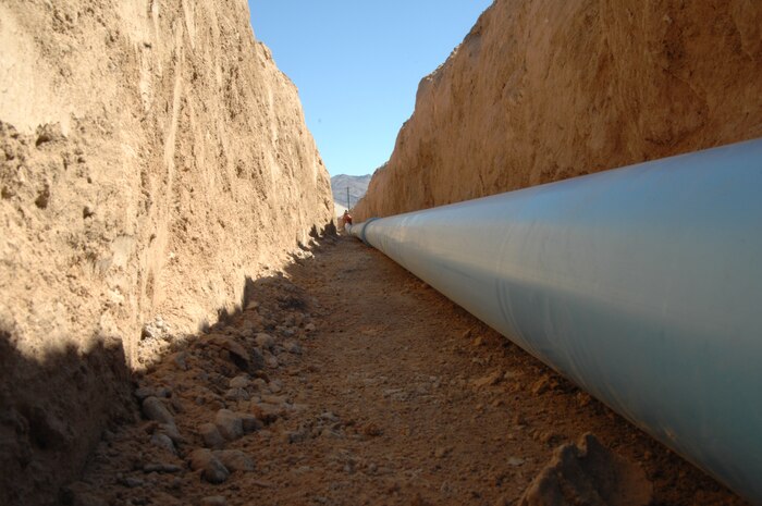 A view of the new water main line construction between Runner’s World and Tyndall Avenue. The 99th Civil Engineer Squadron began a $5 million project Sept. 27, to install approximately six miles of new domestic water main pipe. The new pipe will run from the Tyndall Gate entrance near Freedom Park to the intersection of Tyndall Ave. and Fitzgerald Ave. and from the north end of the flightline to the south end, along the east side of the aircraft hangars. (U.S. Air Force photo by 2nd Lt. Laura Balch)