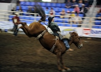 MINOT, N.D. -- Dan Miller of Bismarck, N.D., holds on for 8 seconds scoring 73 points during the bareback bronc competition at the 2010 Y’s Men’s Rodeo here Oct. 7. The 56th annual Y’s Men’s Rodeo is being held at the North Dakota State Fairgrounds through Sunday, Oct. 10 with all proceeds from the rodeo benefiting the YMCA’s Triangle Y camp located near Garrison, N.D. Military appreciation day is Sunday, Oct. 10. All military members, family members and retirees receive half off of the ticket price with a military ID. Tickets may be purchased at the Dakota Square Mall ticket booth or at the North Dakota State Fair Center ticket booth. (U.S. Air Force photo by Staff Sgt. Keith Ballard)