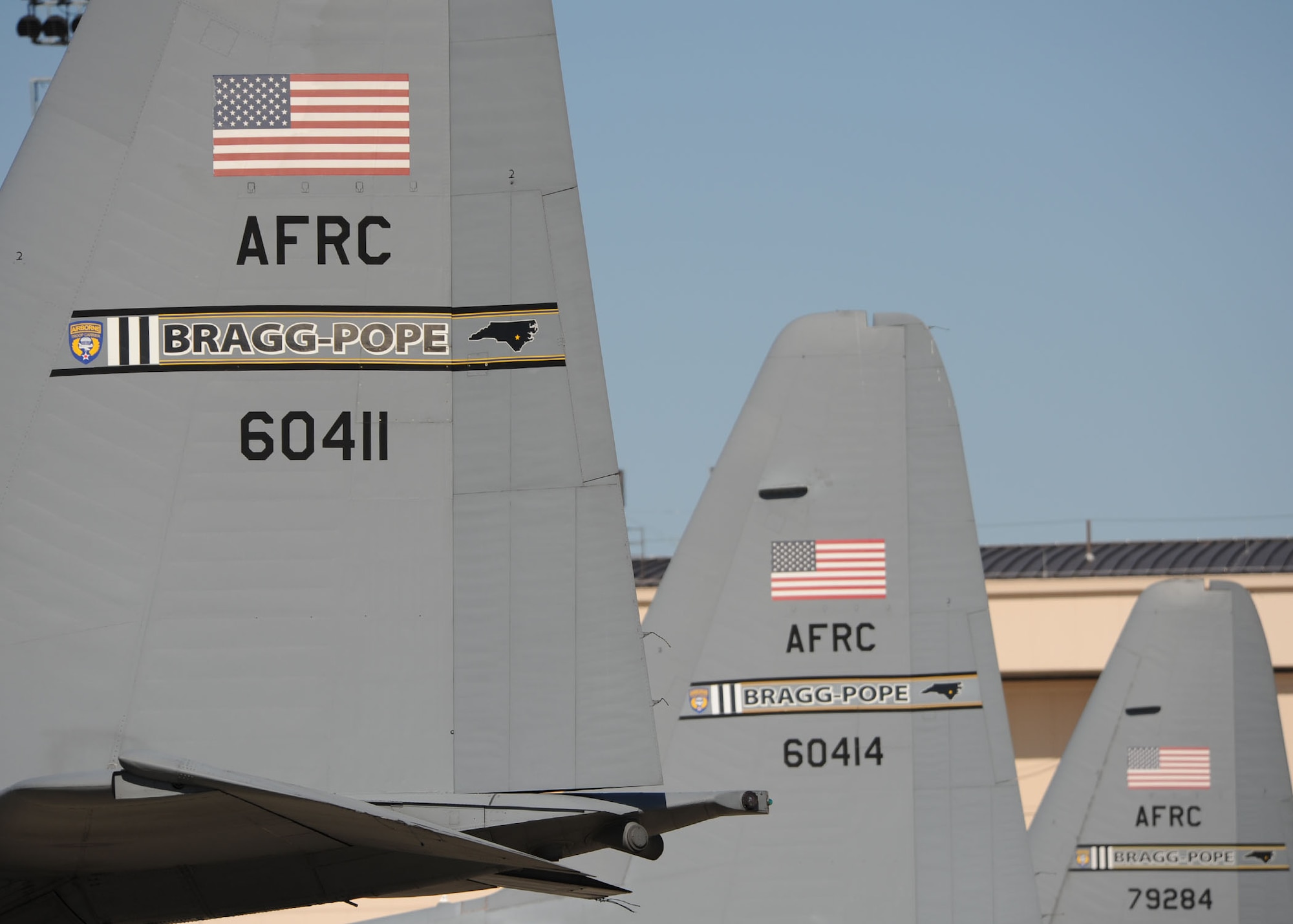 C-130 Hercules aircraft prominently display the Bragg-Pope tail flashing of the 440th Airlift Wing at Pope Air Force Base, N.C., on Oct. 7, 2010.  The 440th Airlift Wing is currently training for an Operational Readiness Exercise.  (Official U.S. Air Force photo by Senior Airman Peter R. Miller)