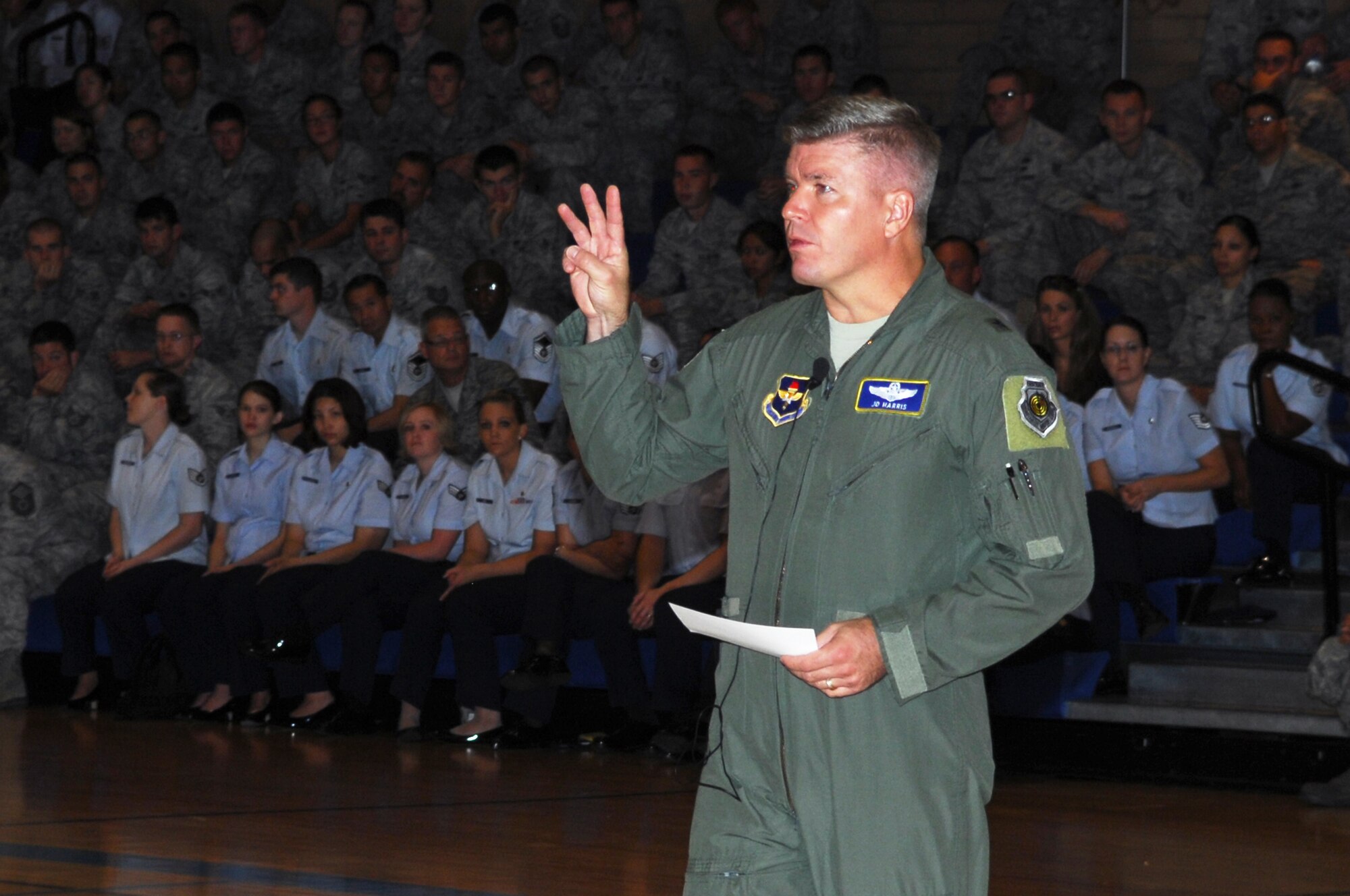 Brig. Gen. J.D.Harris, 56th Fighter Wing commander, speaks to Luke Airmen during a series of commander's calls in the Luke Air Force Base Fitness Center held on October 4th and October 6th.  (U.S. Air Force photo/Staff Sgt. Steven Nabor)