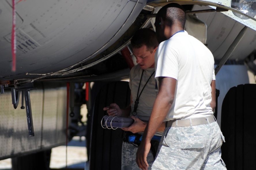 BARKSDALE AIR FORCE BASE, La. -- Airmen from the 2nd Aircraft Maintenance Squadron, weapons load crew, perform safe maintenance checks during a nuclear operational readiness exercise here Oct. 7. During a NORE Barksdale Airmen undergo scenarios in coordination with the U.S. Strategic Command directives. (U.S. Air Force photo/Senior Airman Brittany Y. Bateman)(RELEASED)